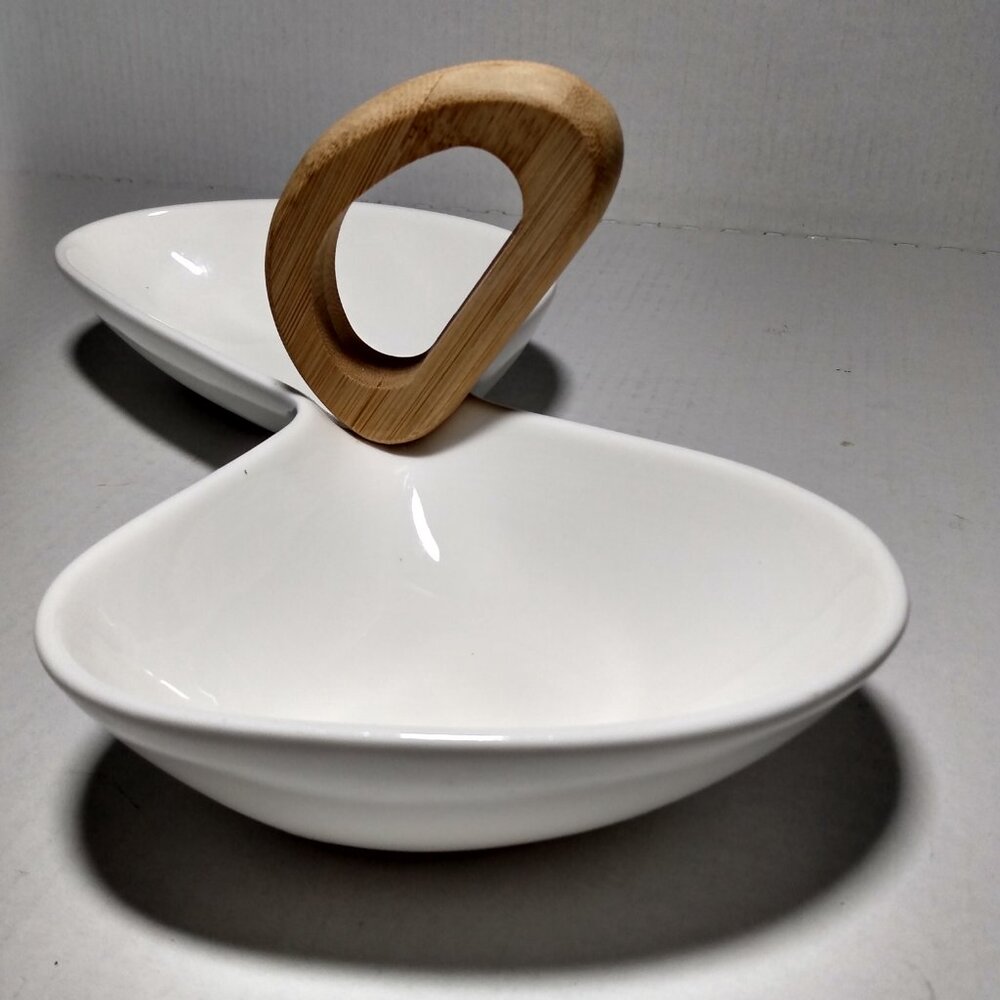 Brandani White Porcelain Serving Appetizer Dish With Bamboo Handle Made In Italy